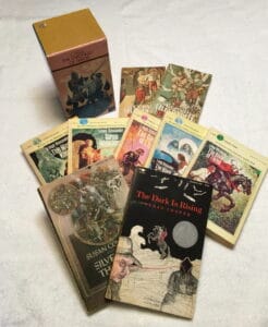 A collection of books by C.S. Lewis, Susan Cooper and Lloyd Alexander