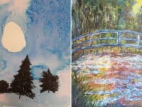 Painting of 3 pine trees in the sun and an impressionistic painting of bridge over water.