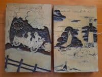 two printing blocks. One contains an automobile with two people. The other is a sailboat on the water with a lighthouse