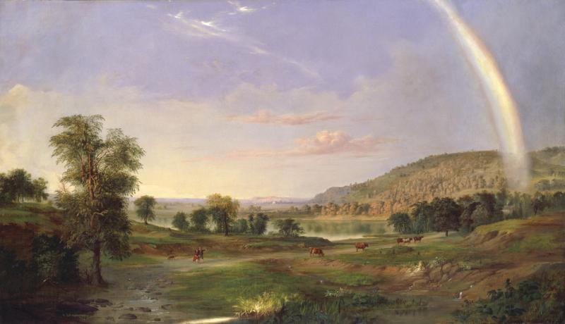 Pastoral landscape of a young couple strolling through a pasture towards a house at the end of a rainbow