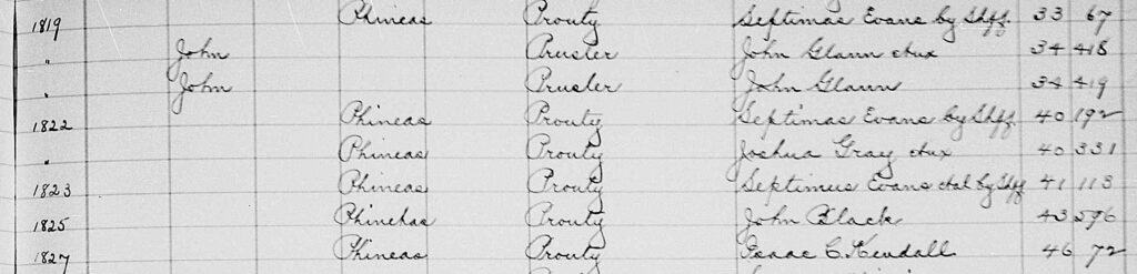 Listing of dates and names of people Phineas Prouty purchased land from.