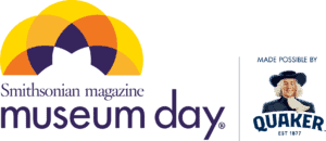 Yellow, orange and purple sunrise graphic with the words "Smithsonian Musem Day" and the Quaker Oats logo.