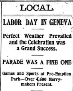 Headlines from a newspaper article about Geneva's first labor dayper Article Labor Day In Geneva