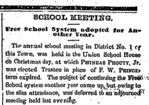 Newspaper clipping announcing Phineas Prouty elected trustee of Union School.