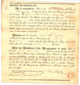 handwritten tavern license for John Johnston