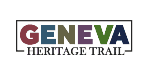 Each letter of Geneva has a different color with Heritage Trail in black