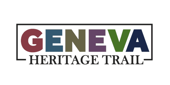 Each letter of Geneva has a different color with Heritage Trail in black