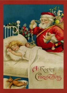 An illustration of Santa bringing toys to the bed of a little girl sleeping with two dolls.