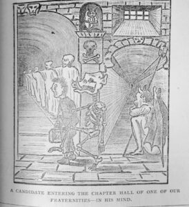 Illustration from an 1896 Charles Beam publication of a walking down a hall way with a skeleton and winged creature behind him.