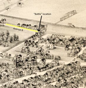 Birdseye view drawing of a town showing houses, streets and an elevated railroad crossing.