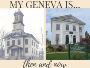 Black and white image of the future Geneva Public Library and a colored image of the current Geneva Public Library