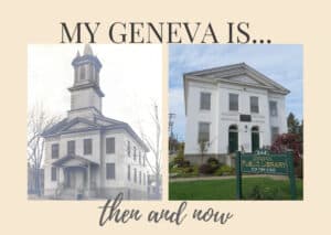 Black and white photograph and colored photograph of the Geneva Public Library