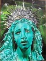 An artwork showing a crying young blue woman wearing a veil and a crown of stars.
