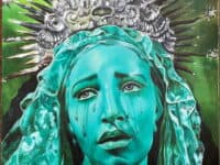 An artwork showing a crying young blue woman wearing a veil and a crown of stars.