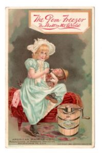 Ad for Gem Freezer with a little girl feeding ice cream to a doll.