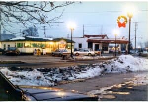 Colored photograph of a diner at Christmas time
