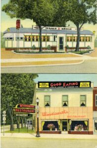 Colored postcard with two restaurants