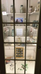View of a cabinet with 4 levels of shelves with a display case and glass jars full of seashells and books and a scatter of seaglass on the floor.