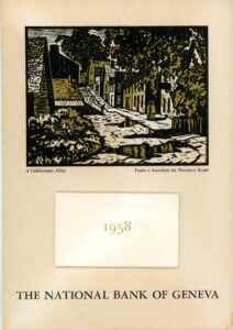 Norm Kent woodcut of f of Cobblestone Alley in Geneva (a road that no longer exist)