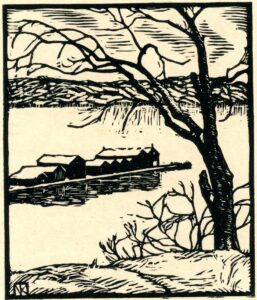 Norman Kent’s woodcut of a long pier with boathouses on it in the snow.