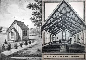 Interior and exterior sketches of Grace Church from 1876