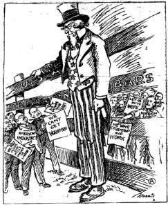 Uncle Sam standing along a fence. On one side are immigrants who want to work in the US, on the other are American industrialists holding signs that say they need workers.