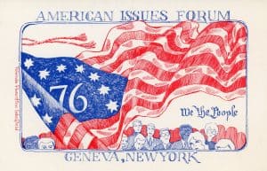 Red, white and blue artwork for the American Issues Forum held in Geneva in 1976