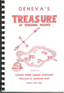 A book cover titled Geneva's Treasures of Personal Recipes complied by the Marine Corps League Auxiliary William M. Harding Unit, Geneva, NY.