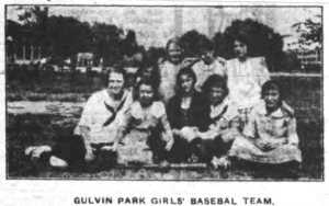 Indistinct image of 8 girls sitting on the ground in old-fashioned skirts and blouses on an early Geneva playground.