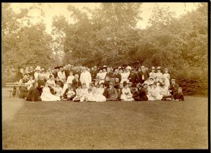 Group photo of the attendees at an event at Walnut Hill (now Houghton House)