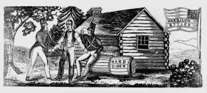 Black & white cartoon three men log cabin barrel of hard cider