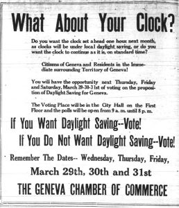 Advertisement by Geneva Chamber of Commerce to call for voters to make their voices known about daylight saving time.