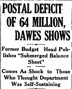 Newspaper headline postal deficit