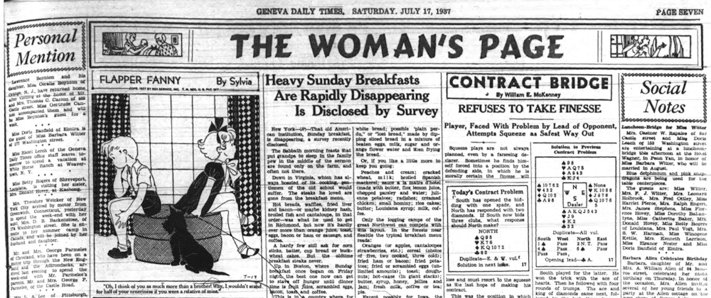 The top of a newspaper page headlined The Woman's Page with Social Notes, a Flapper Fanny cartoon, Personal Mention, an article on breakfasts, and bridge tips.
