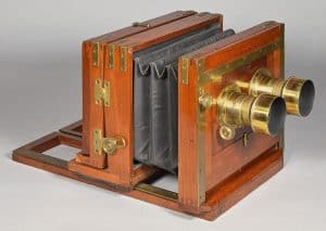 wooden binocular camera with bellows