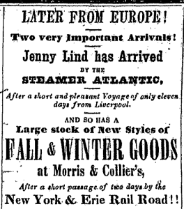 dry goods ad using jenny linds name 1850
