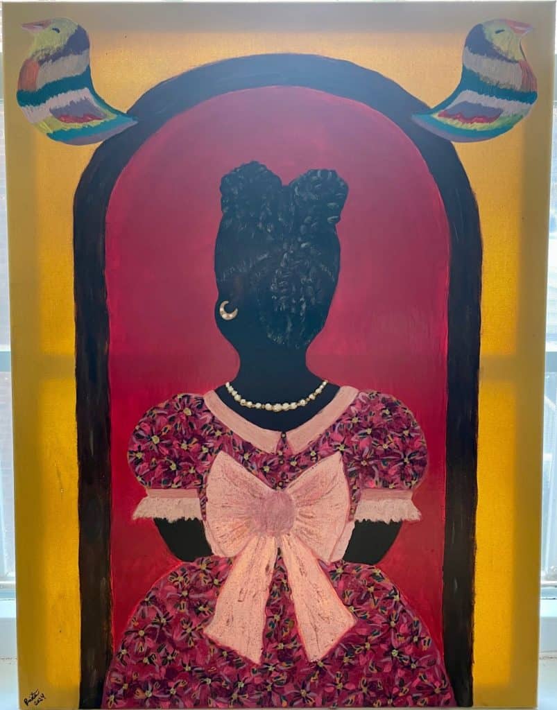 Painting from the back of a young black woman in a pink printed dress with a large bow.