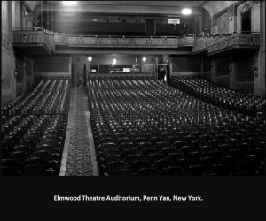 Black and white phot of the interior of the Elmwood Theater.