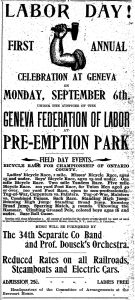 Newspaper ad for Geneva's first labor day