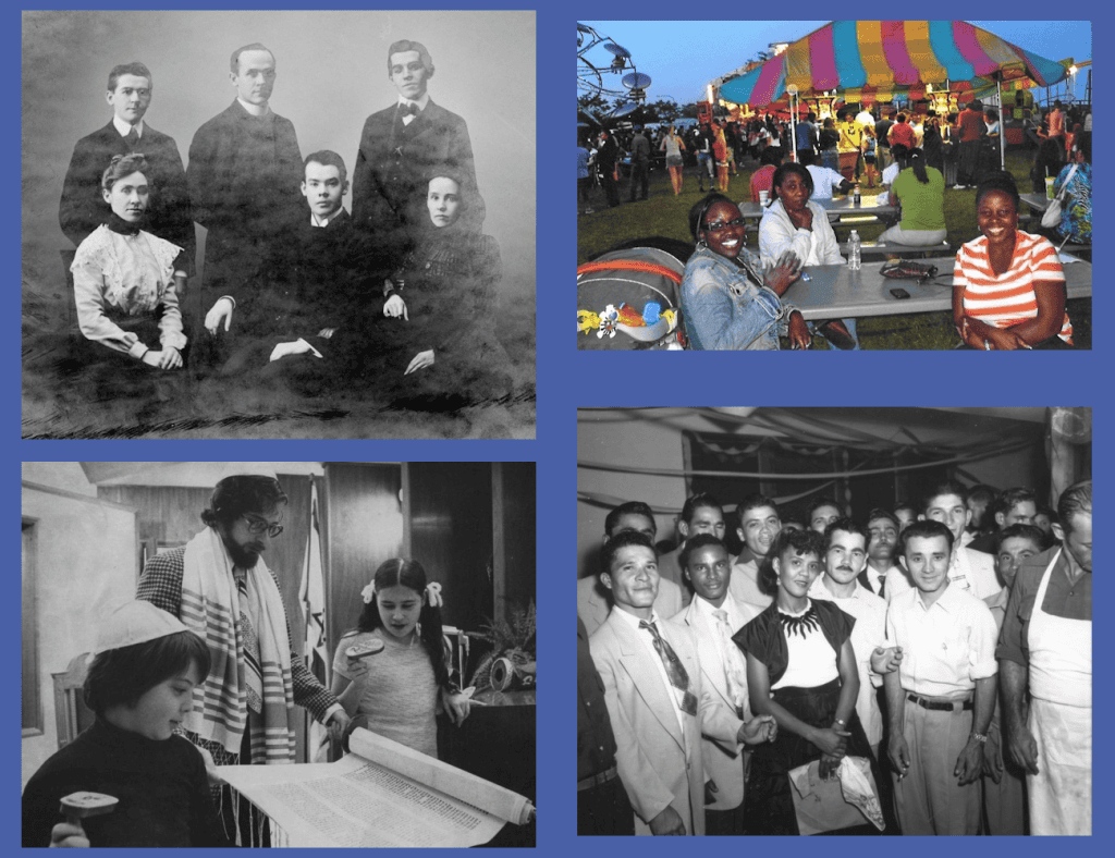 A collage of groups of people including a white family, black women at a carnival, children in a Jewish ceremony and a group of Latino men and one woman.