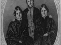 An engraving of three young women in old-fashioned dress.