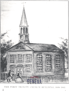 Pencil sketch of the first Trinity Church on South Main Street, 1808-1841