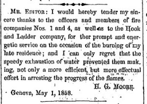 Harry G Moore expresses his thanks to the fire companies, May 7, 1858, Geneva Gazette. 