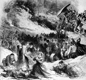 An illustration of a burning train wreck surrounded by dying people in the snow.