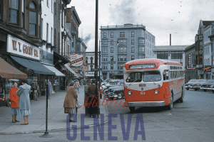 north side seneca street with orange bus 1954