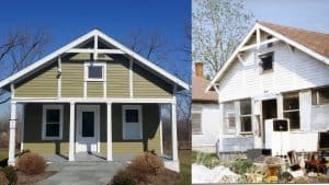 Two images of the East Tenant Cottage before and after renovations.