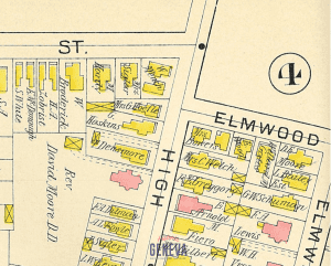 An old map showing buildings on High Street and Elmwood Place, including 2 buildings owned by William Mensch.