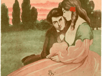 Image a young couple in period clothing as the sheet music for cover “When You and I Were Young, Maggie?”