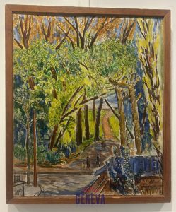An impressionistic painting showing people walking through a forested park.