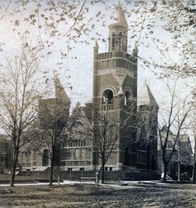 brick church with square tower on north main street